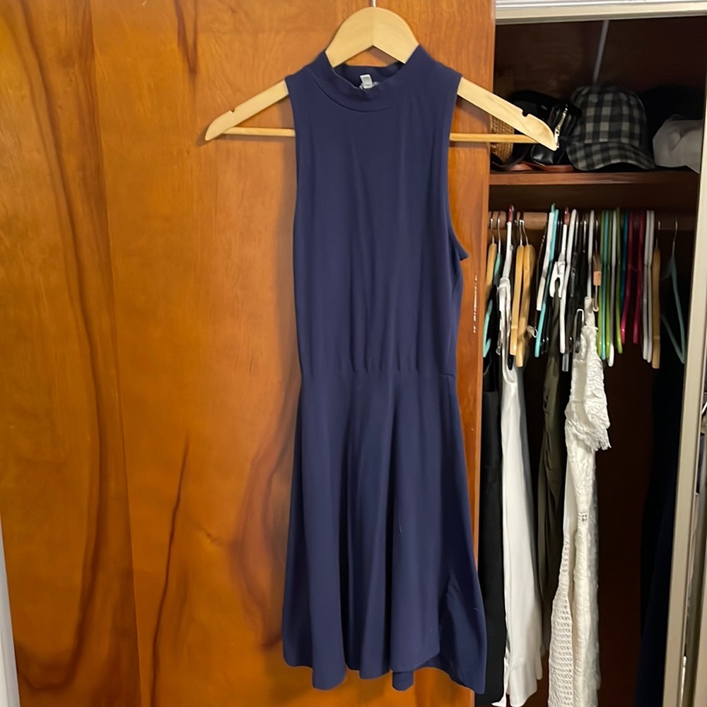 High neck navy cotton stretch dress